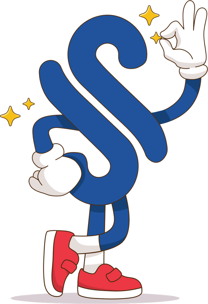 Mascote da SIS: um S azul com tênis vermelhos fazendo sinal de positivo